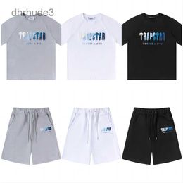 Summer White Blue Embroidery Fashion Casual Loose Round Neck Trapstar Short Sleeve T-shirt Capris Shorts Men's and Women's Sports Set Suit G033