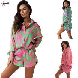 Women's Tracksuits PULABO VOLALP Women Print Shorts Suits Woman Vintage Long Sleeve Shirt And Short Pants Suit Two Piece Set Female Casual