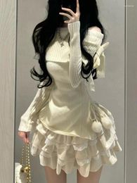 Work Dresses Winter Kawaii Sweet 2 Piece Set Woman Off Shoulder Bow Knitted Tops Mini Cake Skirt Female Korean Fashion Casual Suit 2024