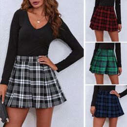 Skirts Women High-waisted Plaid Skirt Pleated Print High Waist A-line Color Matching Loose Hem Side Zipper For Lady