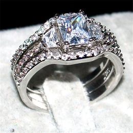 Fashion 10KT White gold filled square shape diamond CZ gemstone Rings sets 3-in-1 Jewellery Cocktail wedding Band Ring finger For Wo286D