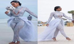 Luxo beading macacões vestidos de casamento 2019 novo alto pescoço manga longa boêmio praia vestidos de noiva boho vestido de casamento calças5753420