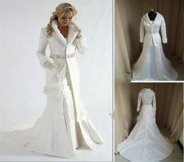 Whole fur A line Wrap strapless satin White Winter Wedding Dress Cloak Chapel Train Satin Long Sleeve Coat for bride9134838