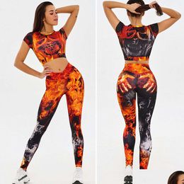 Lu Align Fire Tracksuit Women Yoga Sports Tights Woman Suit Workout Seamless Skl Set Sportswear Fitness T Shirt Leggings Push Up Lemo Dhdch