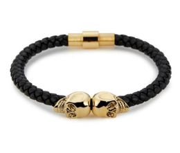 Sell Mens Black Genuine Leather Braided Skull Bracelets Men Women Stainless Steel Gold North Skull Bangle Fashion Jewelry5452221