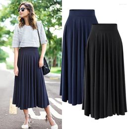 Skirts Fashion Women Maxi Skirt High Waist Elastic Solid Colour Midi Long Pleated 7XL 8XL All-match A Line Black Jupe Saia VD3734