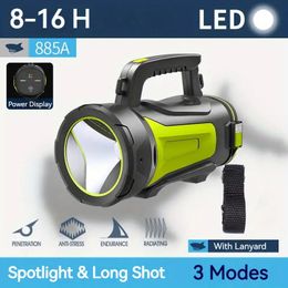 1pc 885A Super Bright Searchlight, LED Rechargeable Flashlight With Power Display, For Outdoor Emergency Exploring Night Working Lighting