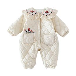 Winter Romper for Baby Girls Thicken Cotton Floral Korean Jumpsuit Infant Onesie Sweet Toddler Clothes Kids Outfit 231227