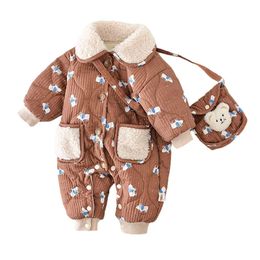 Cartoon Bear Winter Baby Romper Thicken Warm Jumpsuit Boy Girl Toddler Infant Clothes born Onesie with Bag Korean Kids Outfit 231227