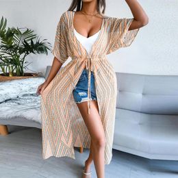 Women's Blouses Women Print Lace Up Chiffon Blouse Cardigan Sun Protection Middle Sleeve Beach Top Waist Strap Long Blusas Para Mujer