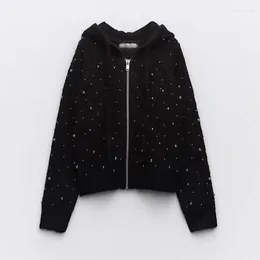 Women's Jackets 2023 Autumn Knitted Cardigan Women Coat Beading Sweater Jacket Vintage Hooded Jumpers Female Long Sleeve Outerwear