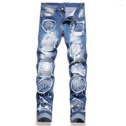 Men's Jeans American Basketball Club Badge Embroidery English Perforated Bleached Slim Fit Speckled Ink Dotted Pants 024