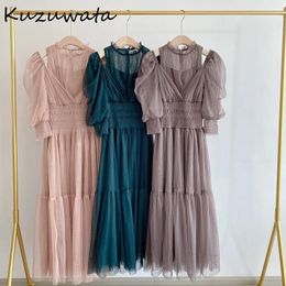 Dresses Kuzuwata 2023 Early Spring New Vestidos Japanese Women Robes Out Shoulder Half Sleeve Patchwork Mesh High Waist Slim Dresses