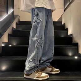 Men's Pants Fashion Pentagram Patch Jeans Loose Casual Washed Long Denim Streetwear Solid Colour Versatile Wide Leg