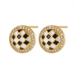 Stud Earrings Y2K Black White Stripes Lattice Earring With Crystal Stone High Quality 18K Gold Plated For Women Fine Jewellery Gift
