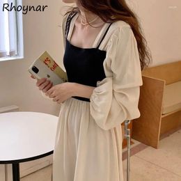 Casual Dresses Long Sleeve Dress Women Patchwork Design Simple All Match Girls Streetwear Ankle-length Tender Elegant Vestidos Autumn Chic