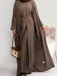 Ethnic Clothing 3 Piece Abaya Kimono Matching Muslim Set Linen Open Abayas For Women Dubai Turkey Hijab Dress Wrap Skirt Islamic Modest