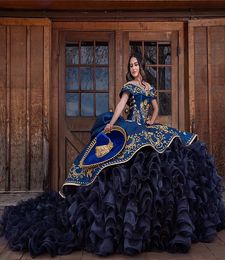 Quinceanera Dresses Dark Blue Party Prom Ball Gown Custom Zipper Lace Up Plus Size New Vestido De For Sweet 15 Off-Shoulder Satin Organza Gold Embroidery