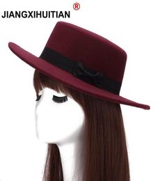 New Wool Boater Flat Top Hat For Women039s Felt Wide Brim Fedora Hat Laday Prok Pie Chapeu de Feltro Bowler Gambler Top5820644