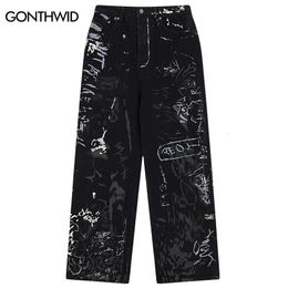 Hip Hop Black Jeans Y2K Men Graffiti Print Straight Wide Baggy Loose Denim Pants Streetwear Harajuku Fashion Punk Trousers 231229
