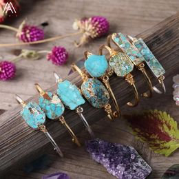 Charm Bracelets Natural Gold Line Turquoises Slab Beads Open Cuff Bangles Fashion Women Silvery Wrapped Howlite Couples3227