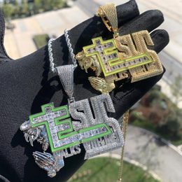 Chains Grow In Dark Green Enamel Jesus Walks With Me Pendant Necklaces Iced Out Bling Cubic Zirconia Oil-Drip Charms Hip Hop Jewelry
