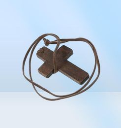 Vintage Wood cross pendant necklace For Women Men solid wooden necklace long Leather Chain Rope necklace8230462