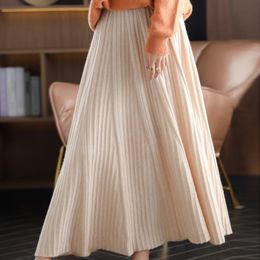 Pure Cashmere A-Line Skirt Women Autumn Knit Pleated Long Skirt 100%Wool Large Size High Waist Korean Bag Hip Base Skirt 231229