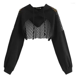 Women's Hoodies Black Sexy Womens Sweatshirts Hoodie Crop Tops Mesh Patchwork Long Sleeve Cropped Sweatshirt Hooded Pullover 2024 Autumn