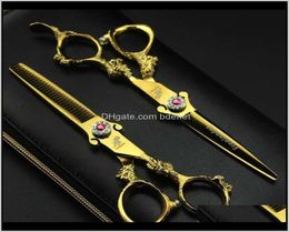 swivel shears 6Dot0quot 2Pcs Sharp Dragon Handle Gold Barber Hair Scissors Set Salon Cutting Thinning Shears Hairdressing Flat T4040586