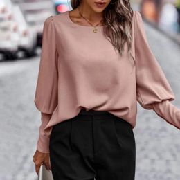 Women's Blouses Women Blouse Trendy Lantern Sleeve Button Closure T-shirt Round Neck Lady Top For Spring Autumn