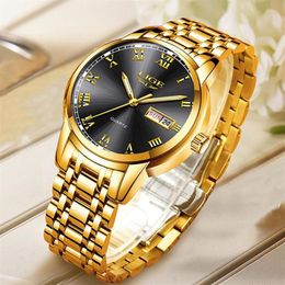 Wristwatches 2021 Watches Mens Top Fashion Quartz Gold Clock LIGE All Steel Men Wristwatch Waterproof Date Week Dial Watch Box256H