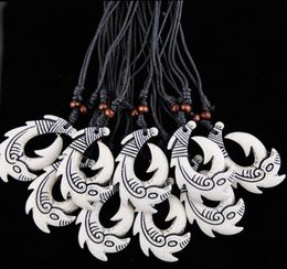 Fashion Whole 12PCSLOT Faux Yak Bone New Zealand Tribal Maori Hei Matau Fish Hook pendants Surfer Necklace Choker Gift MN5189081630