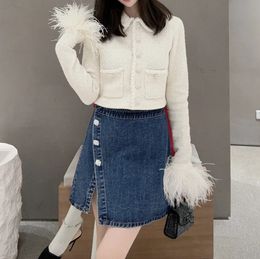 Self Portrait Women Collar Feather Sleeves Knitted Short Cardigan Coat