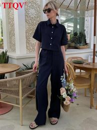 Women's Two Piece Pants Pantsqv Elegant Black 2 Sets Women Outfit Autumn Short Sleeve Button Shirts And Simple Straight Trousers Female