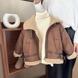 Cashmere Leather Jacket Winter Keep Warm Boys Jacket Thick Lining with Plush Fur Collar Hooded Heavy Coat for Kids Girls Coats 231228