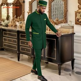 Men's Tracksuits African Suits For Men Slim Fit Dashiki Blazer Pant And Hats 3 Piece Set Embroidery Outfits Wedding Attire Match Clothes