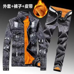 Winter Men Fleece Lining Thick Warm Denim Two Piece Set Slim Fit Cowbody Jacket Jeans Suit Cargo Sets 231228