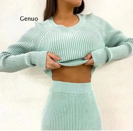 Knitting Cashmere Pullover and Skirt Two Piece Set Women Slim Fit Cropped Top Autumn Elegant Sweater Outfit 231228