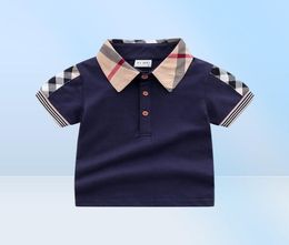 Baby Boys Turn-Down Collar T-shirts Summer Kids Short Sleeve Plaid T-shirt Gentleman Style Cotton Casual Tops Tees Boy Shirts Child Clothes2430901