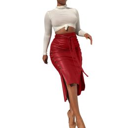 skirt Cutubly Sexy Split Lace Up Leather Skirt Fashion Solid Midi Skirts For Women Side Buttons Zipper Slim Asymmetrical Petticoat