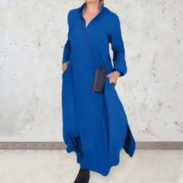 Casual Dresses Women Maxi Dress Lapel Oversized Split Hem Long Sleeve Soft Breathable Ankle Length A-line Lady Fall Spring