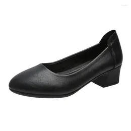 Dress Shoes Women's High Heels Fashion Single Female Shallow Mouth Work Women Chunky Heel Black Leather