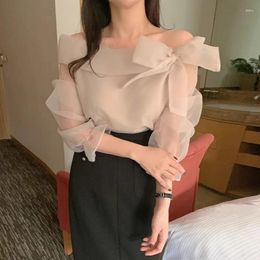 Women's Blouses Clothland Women Sweet Off Shoulder Blouse Bow Tie Long Sleeve Thin Shirt Female Cute Chic Tops Blusa Mujer LB038