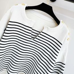 Women's knitwear autumn and winter new black and white striped shoulder buckle knit sweater V-neck simple with retro style loose top lovely wind