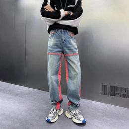 Men's Jeans Korean Style Hip Hop Fashion Color Contrast Stitching Trendy Loose Tall Straight Wide Leg Extra Long Pants