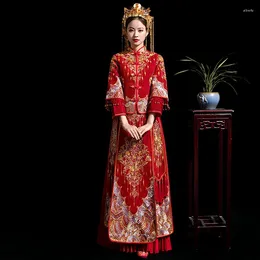 Ethnic Clothing Chinese High-Quality Embroidery Phoenix Women Bride Wedding Dress Satin Vintage Cheongsam Oriental Classic Tang Suit