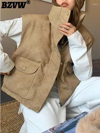 Women's Jackets BZVW Sleeveless Standing Collar Cotton Coat Women 2023 Autumn Winter Vintage Fashion Designer Leather Jacket Vest Trend