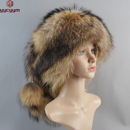 Luxury Women's Russian Ushanka Trapper Real Fox Fur Bomber Hat Fox Fur Hats Dome Mongolian Hat Natural Raccoon Fur Caps 231228