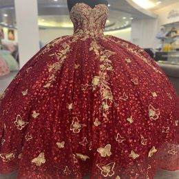 Red Off The Shoulder Puffy Princess Quinceanera Dress Ball Gown Gold Appliques Lace Bow Beads Corset Sweet 16 Vestidos De 15 Anos